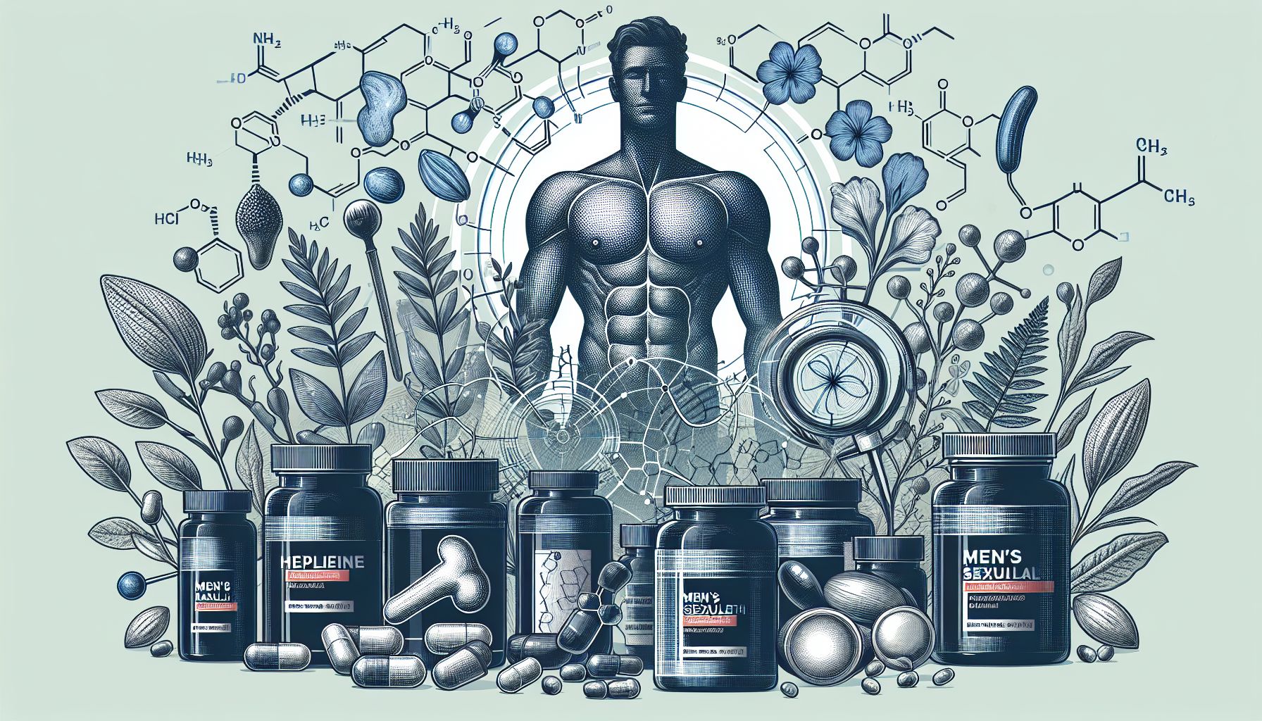 Image of various men's sexual health supplements, including capsules, tablets, and herbal extracts